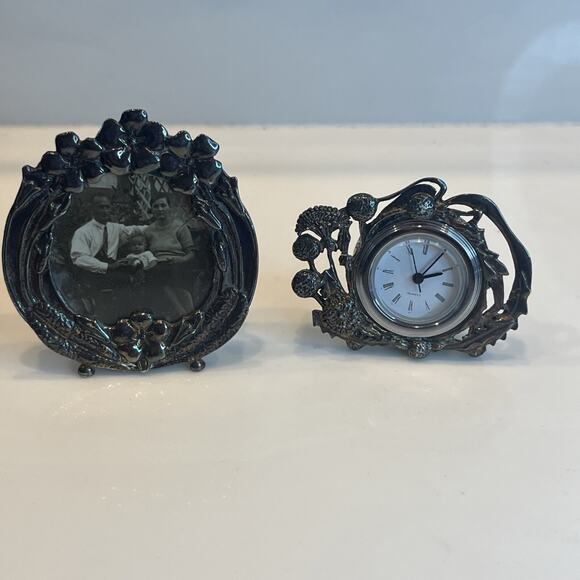 VTG Silver Scenes Miniature Clock & Picture Frame Flower Dandelion Desk Shelf - Picture 1 of 13